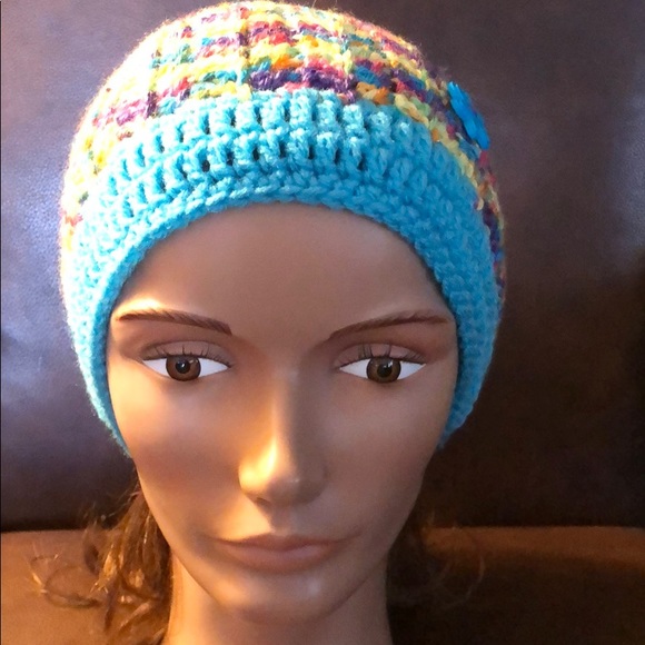 Ladies winter beanie ski hat turquoise new hand crochet by me #356 - Picture 6 of 8